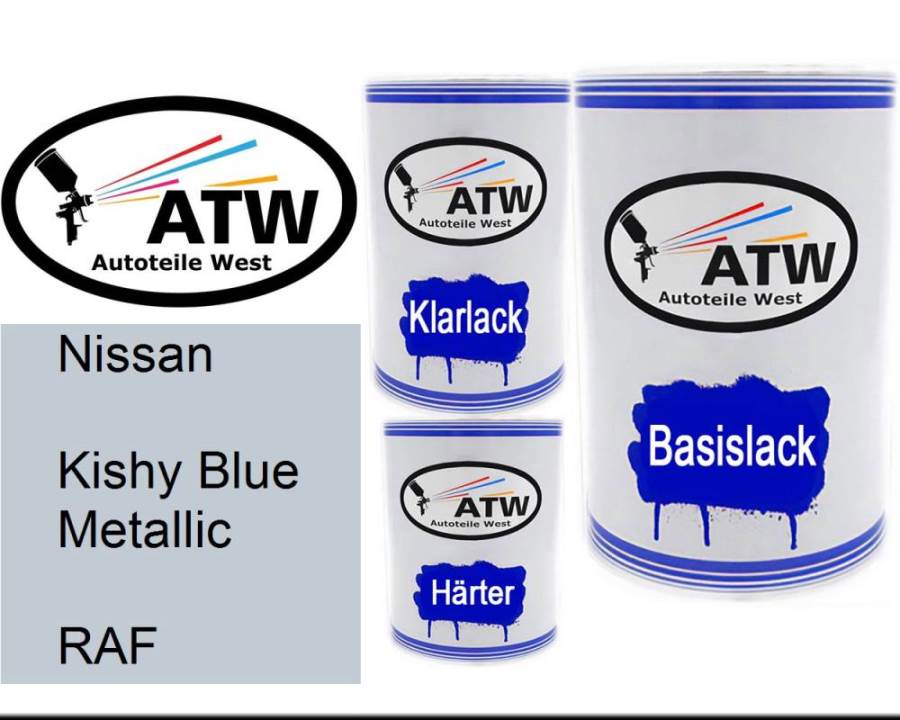 Nissan, Kishy Blue Metallic, RAF: 500ml Lackdose + 500ml Klarlack + 250ml Härter - Set, von ATW Autoteile West.